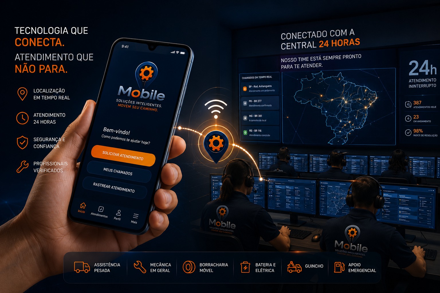 Central de operações MOBILE 24h com operadores acompanhando chamados em tempo real no painel
