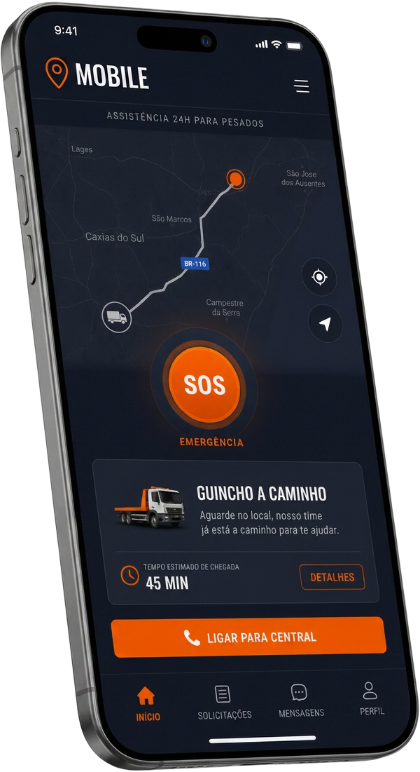 Tela do aplicativo MOBILE com botão SOS e mapa do socorro