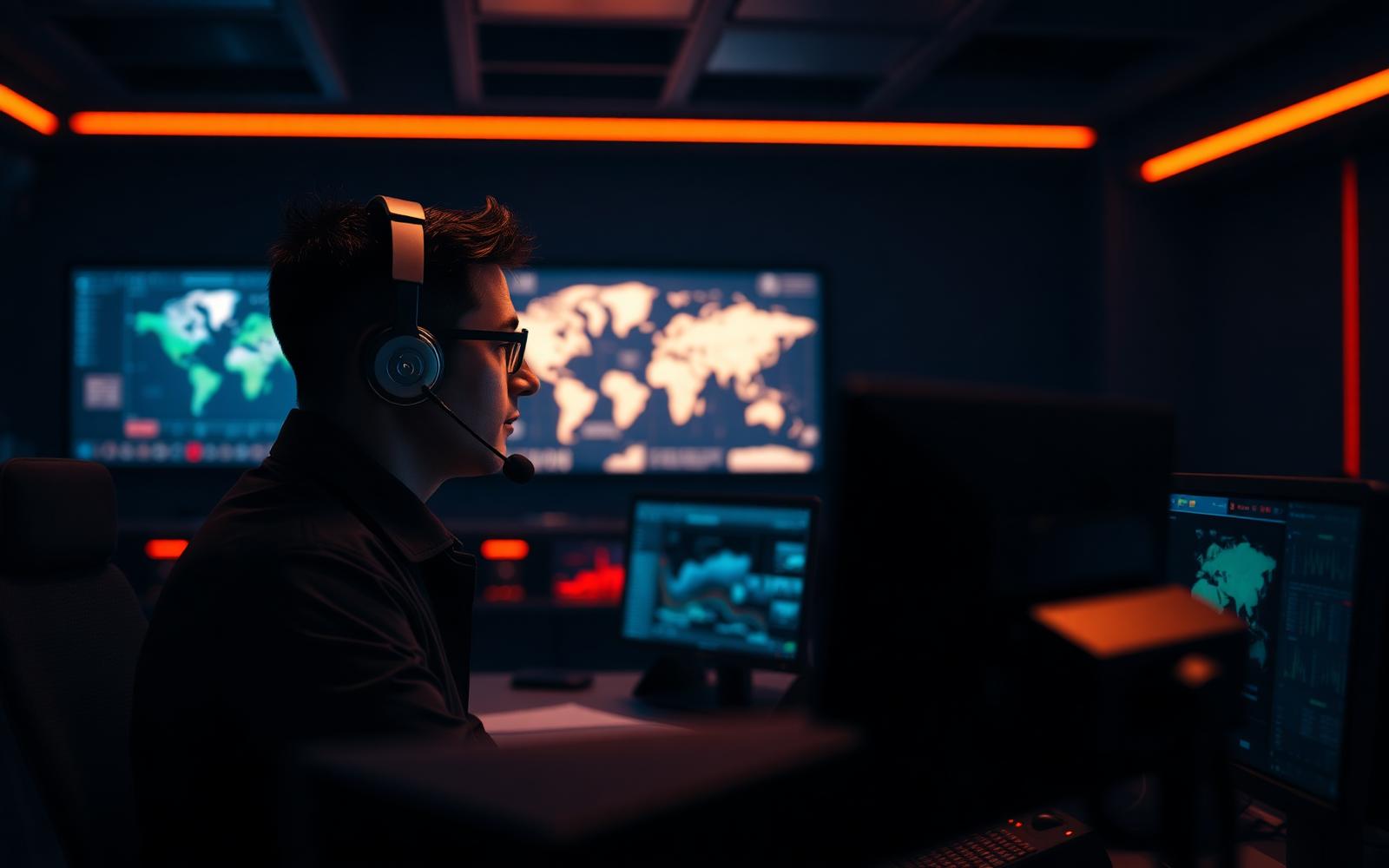 Operador da Central MOBILE com headset acompanhando chamados em monitores