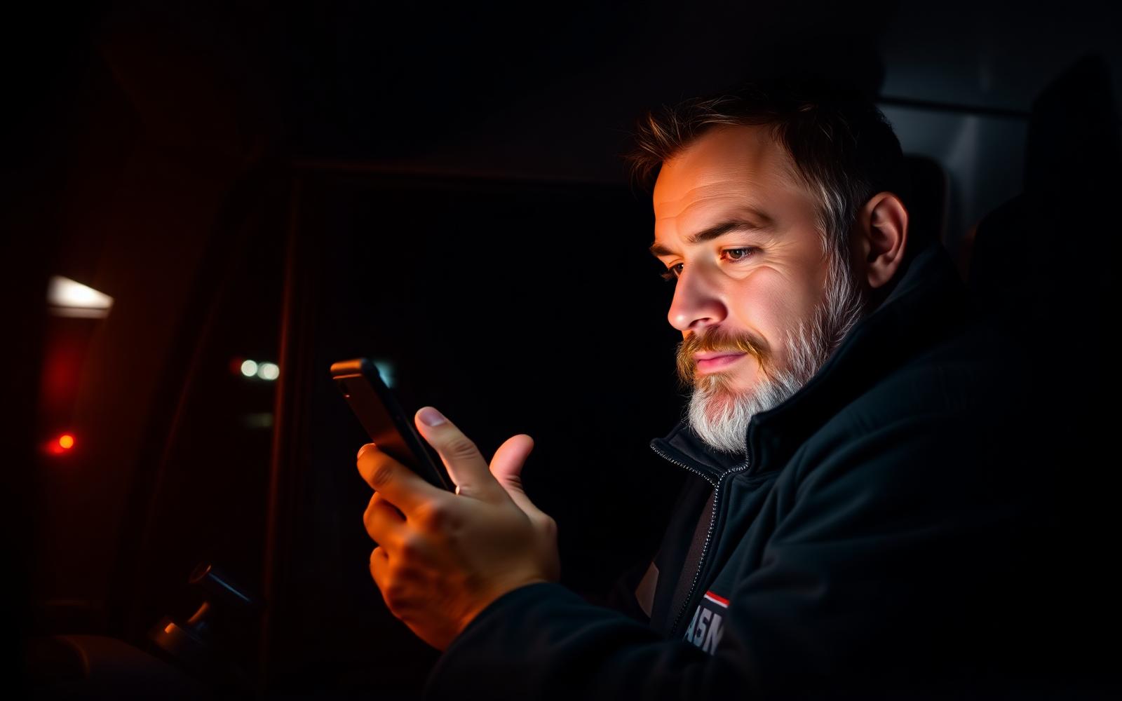 Motorista de caminhão usando o app MOBILE dentro da cabine à noite