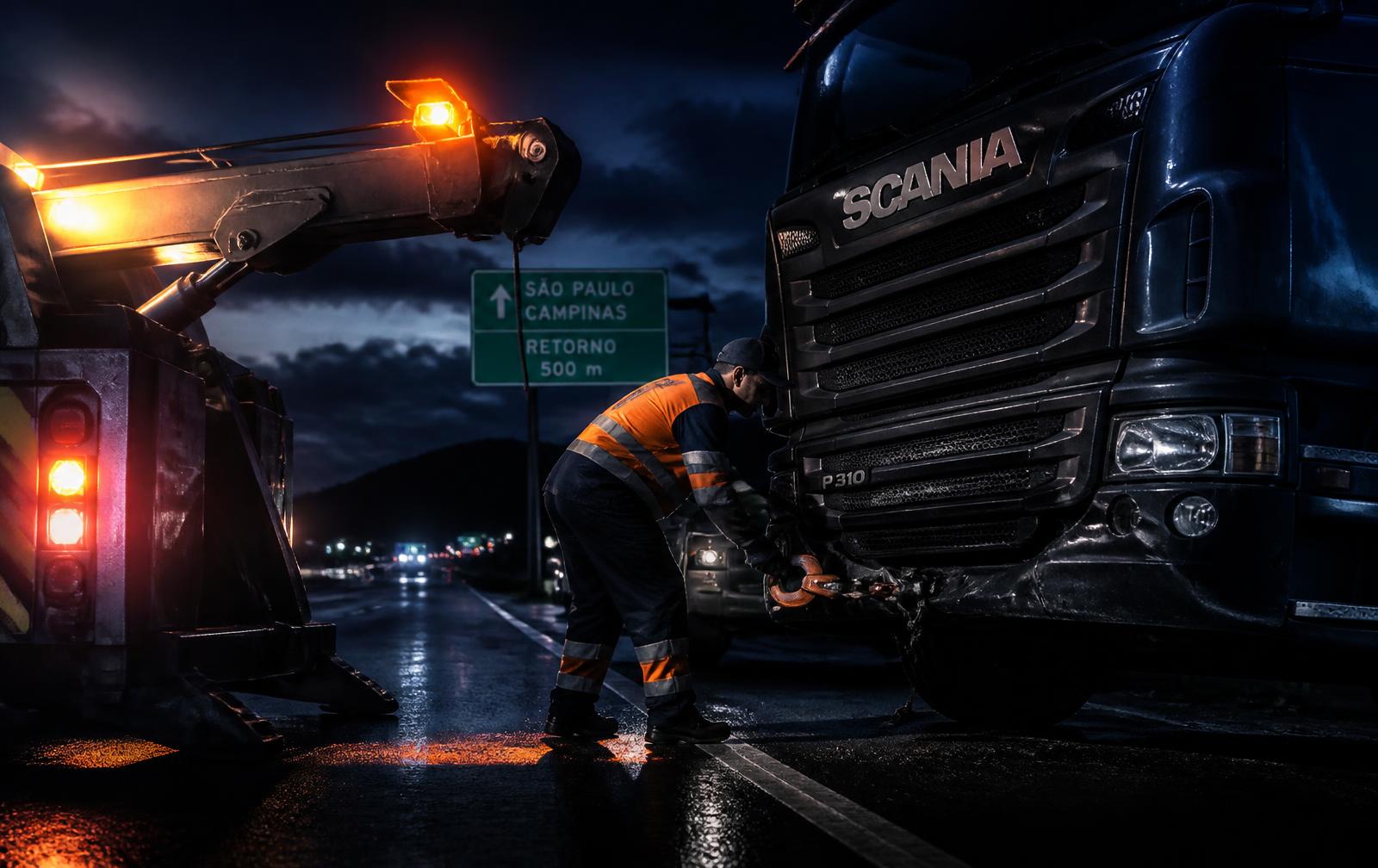 Prestador MOBILE com colete refletivo engatando um caminhão em rodovia à noite